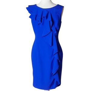 Calvin Klein Ruffle Sheath Dress Size 6 Cobalt Blue Career Office Cocktail Party